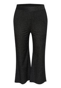 Svarta, högmidjade byxor med utsvängd ben-design och metalliska guldfläckar. Tillverkade av ett stretchigt tyg, vilket ger en figurnära silhuett.