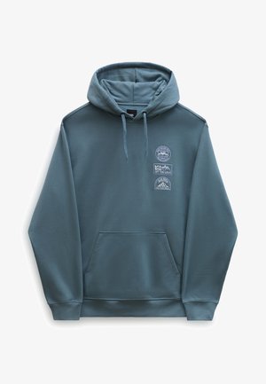 Felpa con cappuccio blu-grigio con tasca frontale, coulisse e tre piccole toppe Vans con disegni di montagne e testo sul petto.