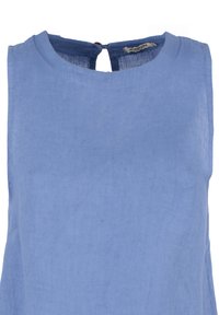 Top senza maniche in lino azzurro chiaro con scollatura rotonda e dettaglio con apertura a chiave sul retro fissato con un bottone. Tessuto texturizzato con trama visibile.