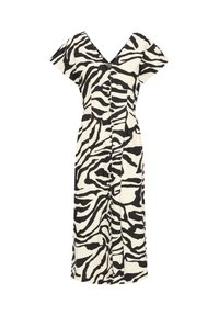 Robe midi à imprimé zèbre noir et blanc avec manches courtes, encolure en V et fermeture boutonnée sur le devant.