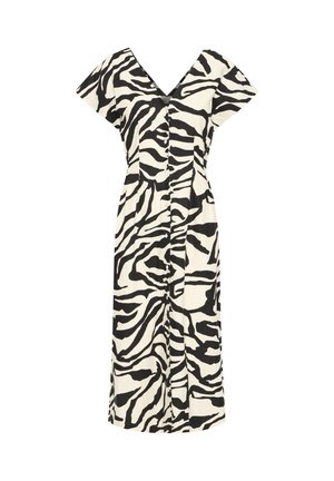Zwart-wit zebraprint midi-jurk met korte mouwen, V-hals en knoopsluiting aan de voorkant.