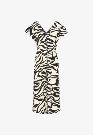 Czarna i biała sukienka midi w motyw zebry, z krótkimi rękawami, dekoltem w serek oraz zapięciem na guziki z przodu.