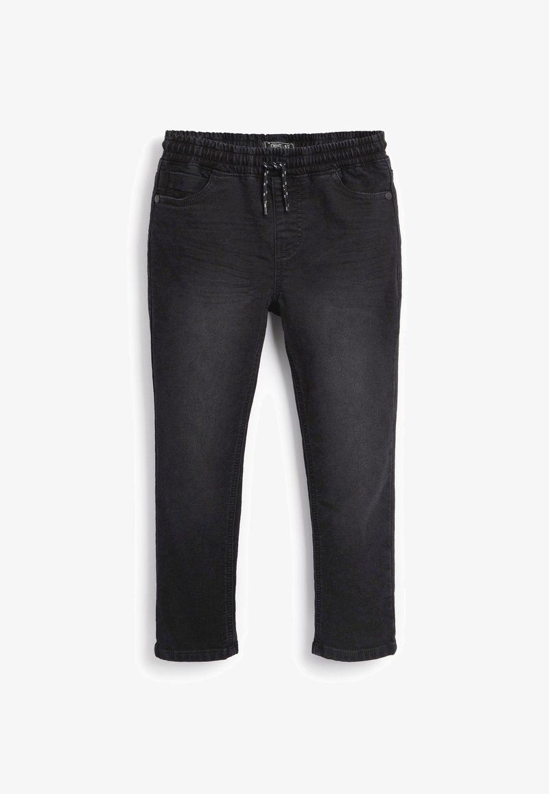 Pantalon noir slim fit avec taille élastique et cordon noir, avec poches avant et détails de couture.