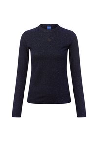 Marineblaue Longsleeve-Bluse aus strukturiertem Stoff mit schimmernden Akzenten, Rundhalsausschnitt und einem kleinen Logodetail auf der Brust.