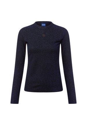 Marineblauw long sleeve top van textuurstof met glinsterende accenten, ronde halslijn en een klein logodetail op de borst.