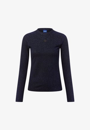 Marineblauw long sleeve top van textuurstof met glinsterende accenten, ronde halslijn en een klein logodetail op de borst.