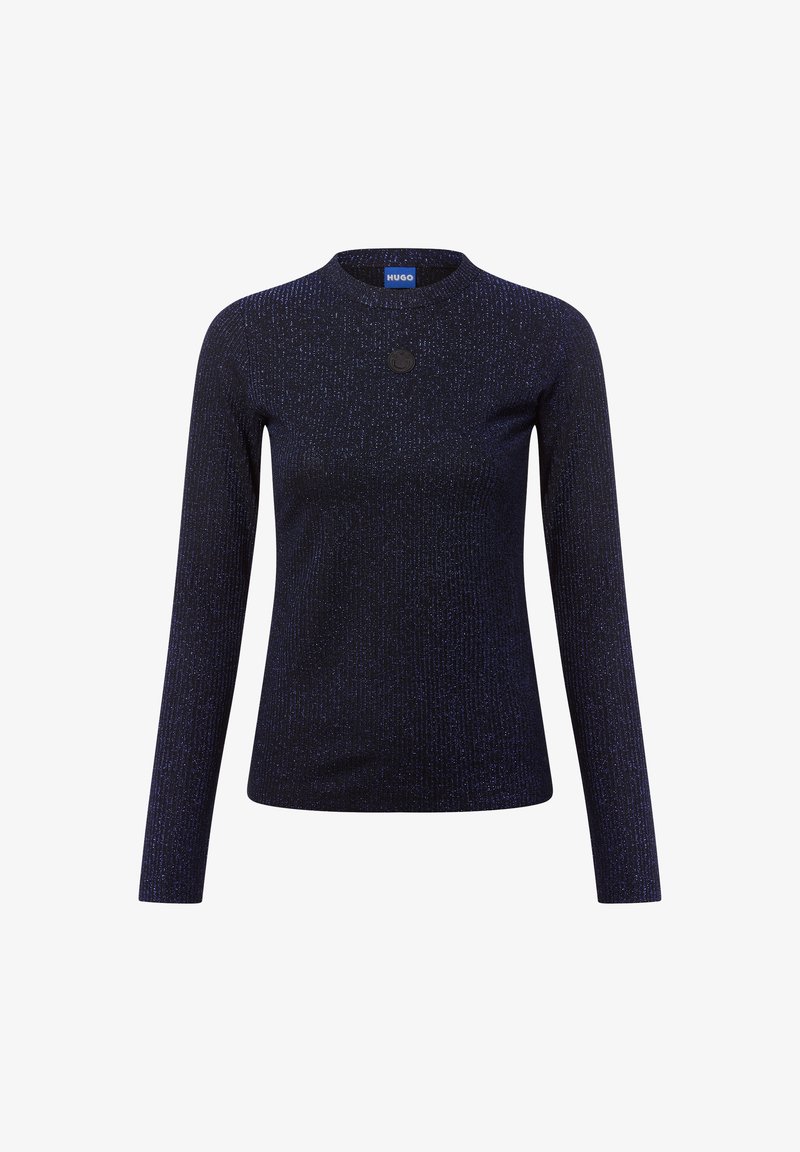 Marineblaue Longsleeve-Bluse aus strukturiertem Stoff mit schimmernden Akzenten, Rundhalsausschnitt und einem kleinen Logodetail auf der Brust.