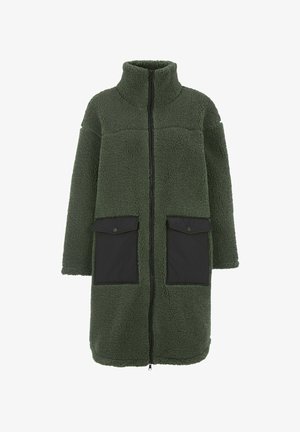 Long, dark green fleece coat with high collar, black full-length front zipper, and two large black flap pockets with snap buttons.