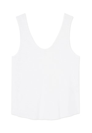 White sleeveless tank top with wide shoulder straps and a scoop neckline, laid flat against a white background.