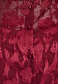 Burgundská blůza s květinovou výšivkou, průsvitnou vrstvou a odpovídajícími knoflíky. Texturovaná látka s vyvýšenými květinovými vzory.