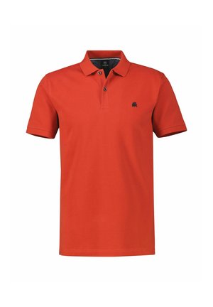 Rotes Polohemd aus Baumwolle mit Kragen, kurzen Ärmeln und einem marineblauen Logo auf der linken Brust. Verfügt über einen klassischen geraden Schnitt.