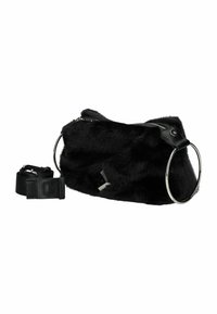 Zwarte nep-bont tas met een zilveren ronde handgreep, ritsluiting en afneembare zwarte schouderband. Bevat een gestructureerd, zacht oppervlak.