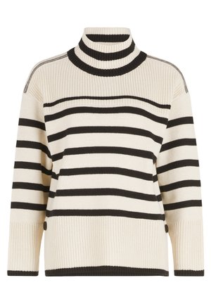 Pull à col roulé rayé en crème et noir. Présente une texture en tricot épaisse, des épaules tombantes et des boutons sur les côtés pour le détail.