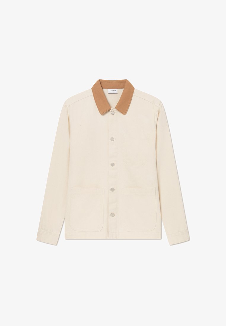Beige cotton jacket with a brown corduroy collar, front button closure, and two large front pockets. Long sleeves, casual design.