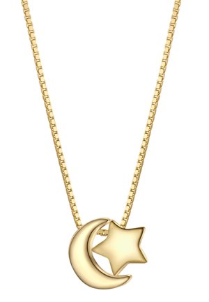 Collier en or avec un design à maillons de chaîne, orné d'un pendentif en forme de croissant de lune et d'étoile. Surface lisse et polie avec une finition réfléchissante.