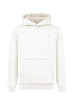 Witte hooded sweatshirt met een voorste kangoeroezak en het "Smilodox Sport" logo in lichtbeige op de linkerborst.