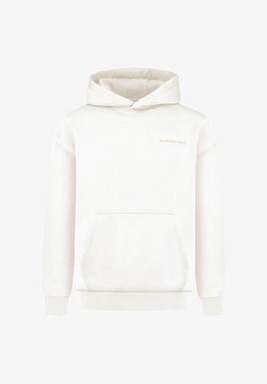 Witte hooded sweatshirt met een voorste kangoeroezak en het "Smilodox Sport" logo in lichtbeige op de linkerborst.