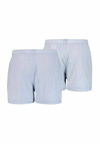 Boxer shorts di cotone azzurro chiaro con vita elasticizzata, caratterizzati da sottili righe verticali e una vestibilità rilassata. Sono mostrate due viste.