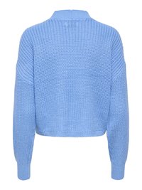 Lyseblå striktrøje med høj krave, lange ærmer og ribstrikkede manchetter, vist bagfra.