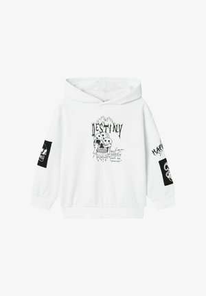 Weißer Hoodie mit schwarzen grafischen Designs, darunter Schädel und Text. Lange Ärmel mit kontrastierenden schwarzen Einsätzen an beiden Armen.