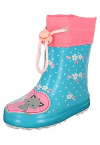 Botte de pluie en caoutchouc bleue avec une bordure rose, un cordon de serrage et des motifs floraux. Illustre un chat sur le devant. Semelle texturée pour une bonne adhérence.