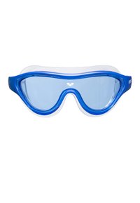 Modré plavecké brýle s průhlednými čočkami, flexibilním silikonovým rámem a širokým popruhem pro bezpečné uchycení, s minimalistickým designem.