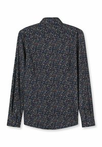 Langärmeliges Hemd aus marineblauem Stoff mit Blumenmuster, ausgestattet mit spitzem Kragen, geknöpften Manschetten und geradem Saum.