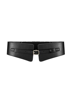 Ceinture de taille large en similicuir noir avec bords cousus et petite boucle rectangulaire argentée, présentée sur fond blanc.