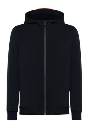 Felpa nera con zip frontale, tasche anteriori e maniche lunghe, caratterizzata da cappuccio e polsini e orlo a costine.