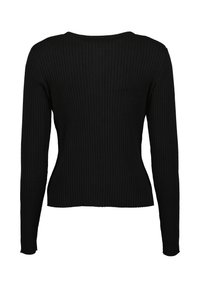 Svart ribbad långärmad topp med en åtsittande silhuett, rund halsringning och textil med struktur. Inga synliga detaljer eller utsmyckningar.
