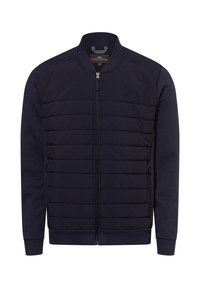 Marine bomberjack met een gevoerde voorkant, geribde kraag en manchetten, ritssluiting en zijzakken; heeft een gladde textuur en contrasterende panelen.