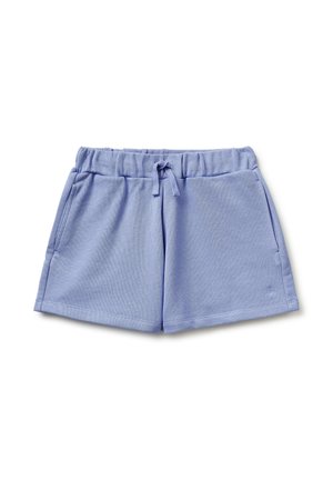 Lichtblauwe zachte stoffen short met elastische tailleband, koordje aan de voorkant, zijzakken en klein geborduurd logo op het linkerbeen.