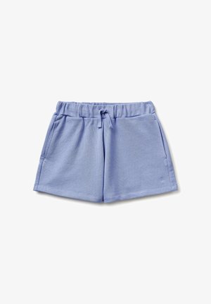 Lichtblauwe zachte stoffen short met elastische tailleband, koordje aan de voorkant, zijzakken en klein geborduurd logo op het linkerbeen.