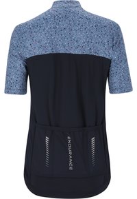 Maillot de cyclisme à manches courtes présentant un haut bleu avec un motif à pois et un dos uni bleu marine, équipé de trois poches arrière.