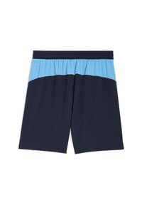 Shorts de sport bleu marine avec une taille et une partie supérieure bleu clair, présentant une texture lisse et une coupe décontractée.