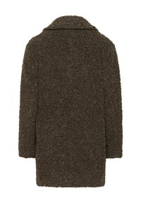 Brun teksturopjakke med en oversized pasform, der har en spids krave og lange ærmer, lavet af blødt, fuzzy materiale. Bagside. 