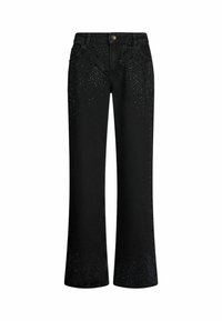Jeans in denim nero a zampa d'elefante con decorazioni in strass sulla parte frontale, chiusura con bottone e classico styling a cinque tasche.