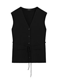 Gilet nero senza maniche con scollatura a V, due tasche anteriori e una cintura sottile in vita.