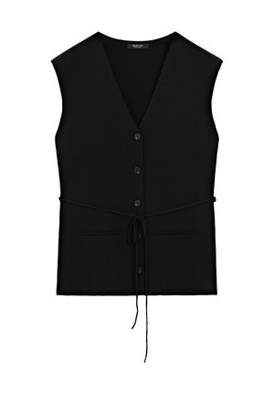 Gilet nero senza maniche con scollatura a V, due tasche anteriori e una cintura sottile in vita.