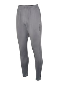 Szare spodnie sportowe o gładkiej fakturze, elastycznym pasie i wąskim kroju. Zawierają subtelny detal logo na boku.