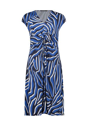 Blå, sort og hvid mønstret knælang kjole med korte ærmer, V-hals og snoet knudedetalje ved taljen.