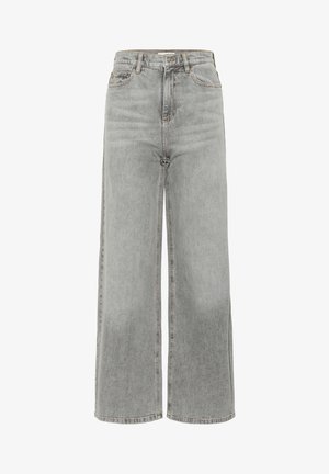 Jeans de tiro alto y pierna ancha en denim gris claro, con cremallera, trabillas para el cinturón y diseño clásico de cinco bolsillos con una textura suave.