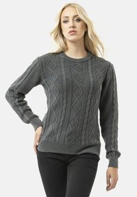 Charcoal grey knitted sweater with textured cable and diamond patterns, crew neckline, and ribbed cuffs and hem. Features long sleeves.