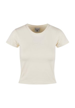Kortärmad t-shirt med rund halsringning i krämfärgad bomull och broderad logga på bröstet. Mjuk textur och figurnära silhuett. Storlek S.