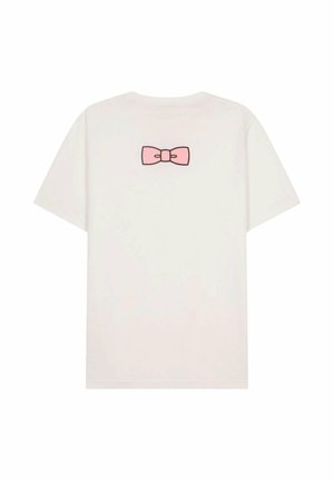T-shirt blanc à manches courtes avec un petit nœud rose imprimé centré près du haut du dos.