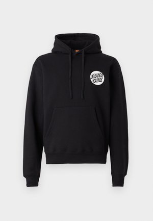 Zwarte hoodie met een kangoeroezak en een wit, rond "Santa Cruz" logo op de bovenste linkerkant van de borst.