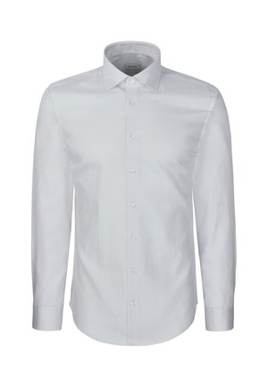 Witte herenshirt met lange mouwen, knopen aan de voorkant en een puntige kraag, afgebeeld op een effen achtergrond.