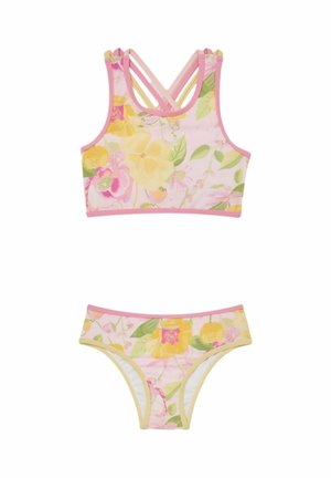 Pigernes todelte badedragt med lyserød kant og gult, pink og grønt blomsterprint; toppen har dobbelt krydsede stropper.