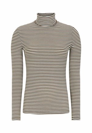 Dug čizme s prugama smeđe i bijele boje, dugih rukava, izrađene od rebraste tkanine, s uskim siluetom i visokim ovratnikom.