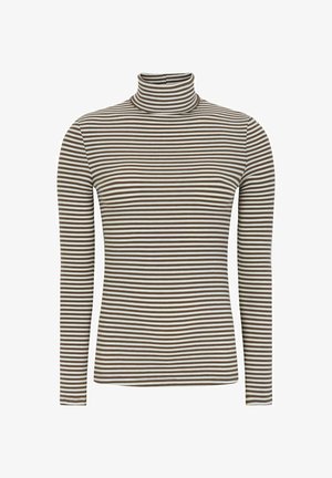 Pruunide ja valgete triipudega pikkade varrukatega turtleneck topp, valmistatud ribakangast, sobiva silueti ja kõrge kaelusega.